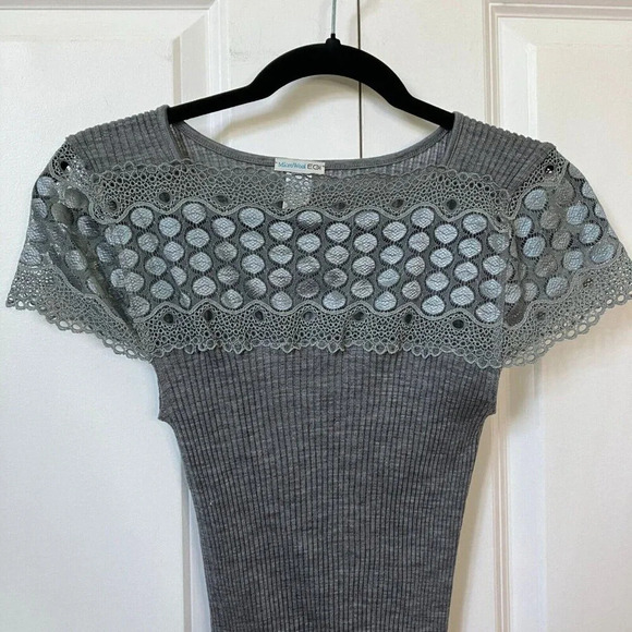 Microwool EGI Wool Blend Made in Italy Grey  Lace Detail Short Sleeve Top Y2K - Picture 5 of 8
